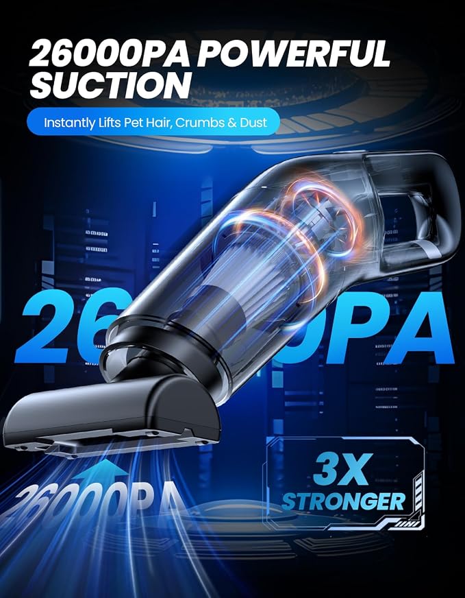 Handheld Vacuum Cordless, 26,000 Pa High Power Suction, Portable Rechargeable Car Vacuum Cleaner for Home, Office, Pet Hair, Car Detailing, Black