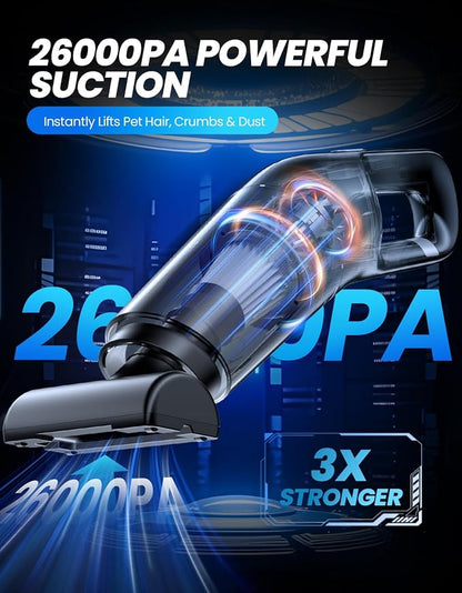 Handheld Vacuum Cordless, 26,000 Pa High Power Suction, Portable Rechargeable Car Vacuum Cleaner for Home, Office, Pet Hair, Car Detailing, Black