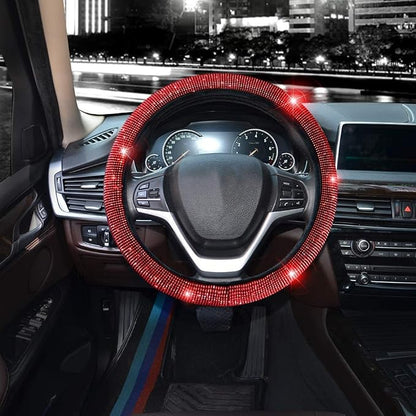 Valleycomfy Steering Wheel Cover for Women Bling Bling Crystal Diamond Sparkling Car SUV Wheel Protector Universal Fit 15 Inch (Black with Red Diamond,Standard Size(14" 1/2-15" 1/4))