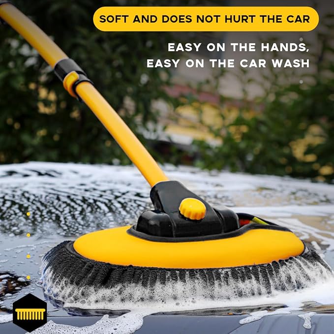 Car Wash Brush Kit, 40" Auto Wash Mop with 15° Curved Extendable Long Handle, Soft Scratch-Free Car Cleaning Mop Mitt to Clean Your Car Shine Like New, Car Accessories (Black+Yellow)