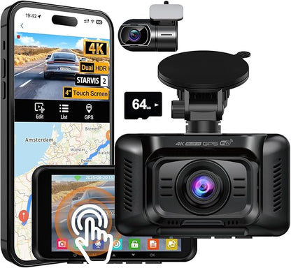 HUPEJOS 4K Dual Dash Cam Front and Rear, Camera for Cars with STARVIS 2 Sensor, 4” Touch Screen Dashboard Camera Built-in 5G WiFi GPS, Free 64GB Card, Voice Control, Night Vision, 24H Parking Mode