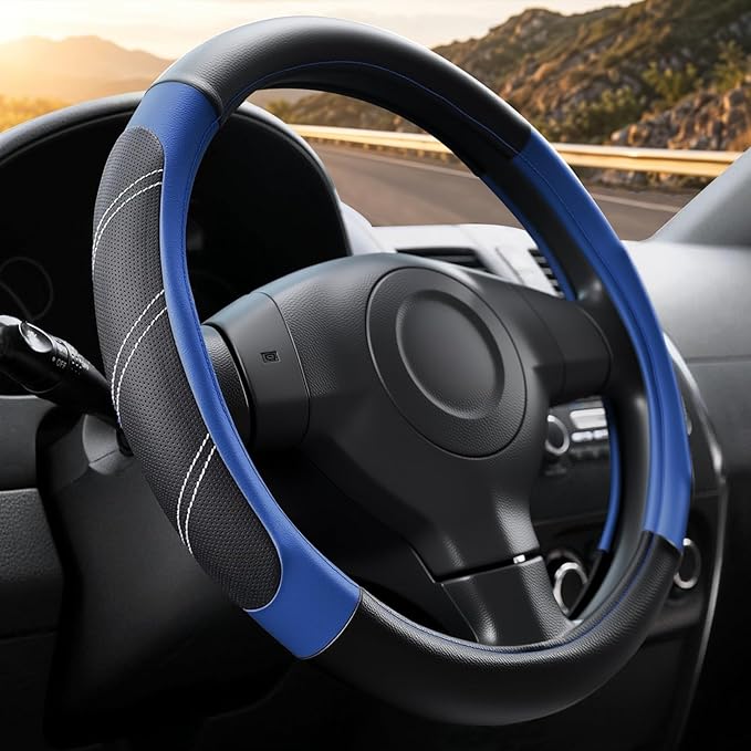 Black and Blue Line Punching Car Steering Wheel Cover, Microfiber Leather Sports, 14.5-15 in Universal Leather Wheel Covers, Breathable Fashion Anti-Slip, Steering Wheels Accessories for Men Women