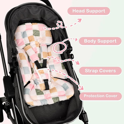 DILIMI Infant Car Seat Insert, Baby Car Seat Head Support with 3 Strap Paddings, Soft Newborn Car Seat Cushion for Stroller, Swing, Bouncers, Colorful Checkered