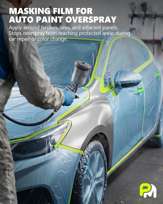 Pre-Taped Masking Film for Painting(2 Rolls) - 22" x 66'Painters Plastic Sheeting with Tape and Drape, Painters Drop Cloth for Automotive & Home, Cover for Walls/Floors/Windows/Cars Protection