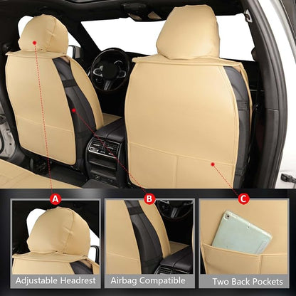 MIROZO Front Seat Covers,Leather Car Seat Covers Breathable Automotive Seat Covers Car Seat Protector Vehicle Seat Cushion for Sedan, Truck and SUV (2PCS Front, Beige)