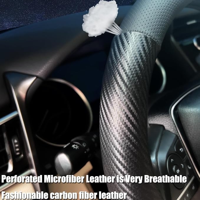 D Shaped Steering Wheel Cover, Flat Bottom Car Wheel Cover 14 1/2-15 inch (37-39 cm), Non-Folding Packaging, Microfiber Leather, Black with Carbon Fiber Pattern