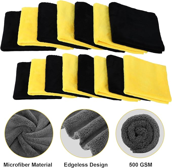 Shimeyao 30 Pcs Edgeless Microfiber Plush Towels for Cars Detailing Drying Wash Polishing Absorbent Cleaning Cloths, 500 GSM (16 x 16 Inch,Black,Yellow)
