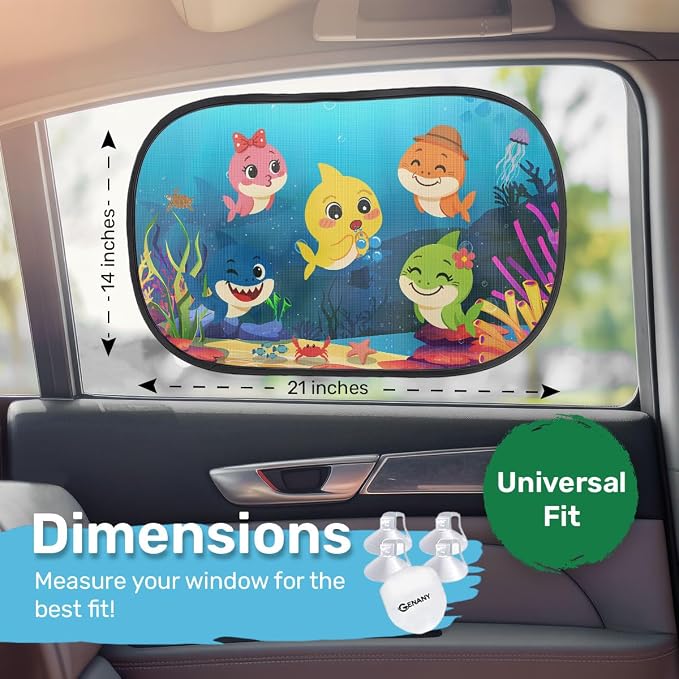 GENANY 2pcs Baby Shark Window Sun Shade for Sedan SUV Truck (21x14 Inches), Sun Shades for Side Window, Accessories for Kids, Baby Window Shades, Summer Car Decor