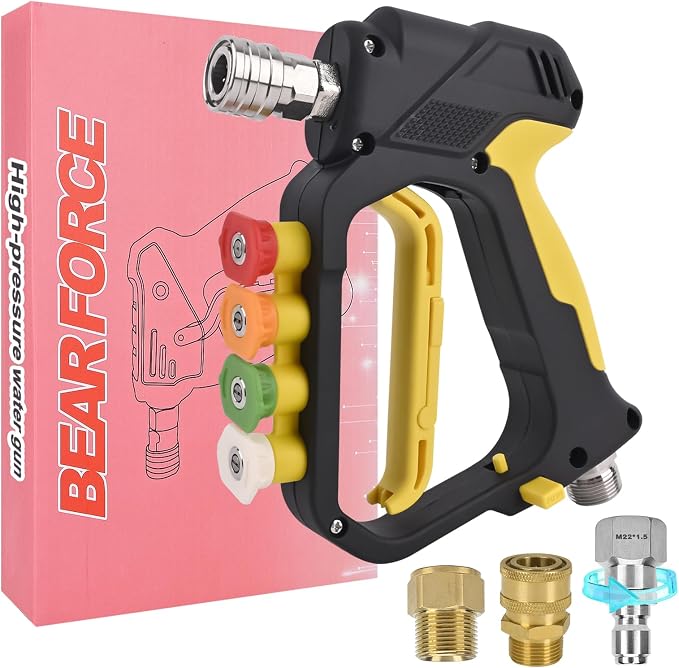 BEAR FORCE High Pressure Washer Short Spray Gun Inlet M22-ID14mm Max 5000 PSI with Nozzle Tips Holder & M22-15mm Connector & 3/8'' Quick Connector Swivel, Power Washer Gun Compatible with Foam Cannon