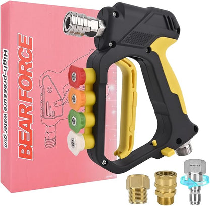 BEAR FORCE High Pressure Washer Short Spray Gun Inlet M22-ID14mm Max 5000 PSI with Nozzle Tips Holder & M22-15mm Connector & 3/8'' Quick Connector Swivel, Power Washer Gun Compatible with Foam Cannon