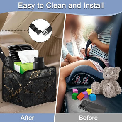 Car Backseat Organizer, PU Leather Back of Seat Cars Hanging Organizer with Pockets Leakproof Car Garbage Bag Hanging Cars Seat Storage Box Travel Accessories Foldable (Marble Black)