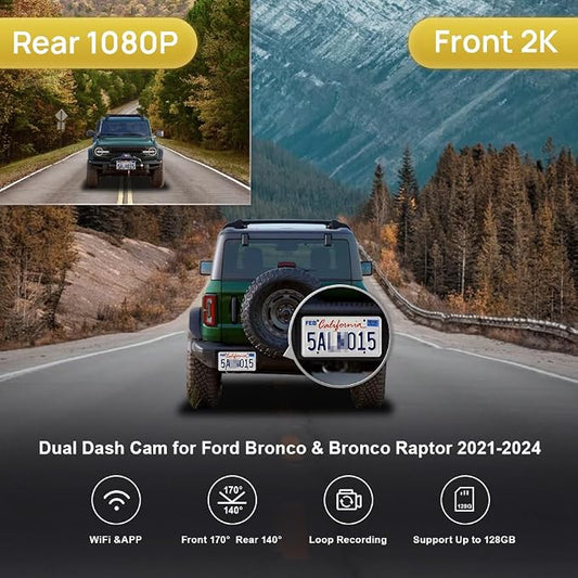 Fitcamx Front 2K+Rear 1080P Dash Cam for 2021-2024 Ford Bronco & Rapor (Not for Bronco Sport) HD2-14873, OEM Style, Dual HD Video, WiFi & APP, Loop Recording, G-Sensor, Easy to Set, 64GB Card