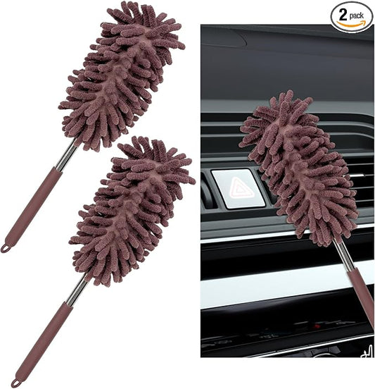 2PCS Car Interior Duster with Extension Pole, 11.8 to 30.5 Inch Retractable Dusters Washable Car Interior Cleaning Brush, Soft Scratch-Free Chenille Auto Dash Vent Window Duster (Khaki)