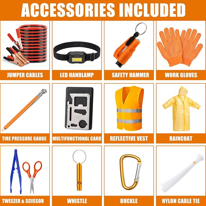 Car Roadside Emergency Kit, Car Safety Kit Portable Car Kits for Emergency with Jumper Cable, Safety Hammer, Orange
