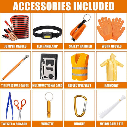 Car Roadside Emergency Kit, Car Safety Kit Portable Car Kits for Emergency with Jumper Cable, Safety Hammer, Orange