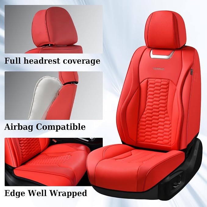 Coverado Car Seat Covers Full Set, Nappa Leather Red Car Seat Covers, Waterproof Automotive Seat Covers for Cars Interior Accessories Universal Fit Most Sedans, SUVs, Pick-up Trucks