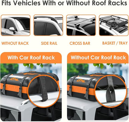 Car Rooftop Cargo Carrier Bag 20 Cubic Feet, 100% Waterproof Heavy Duty Car Roof Bag for All Vehicle with/Without Racks - Anti-Slip Mat, 6 Door Hooks, Storage Bags, 5CM Straps(Orange)