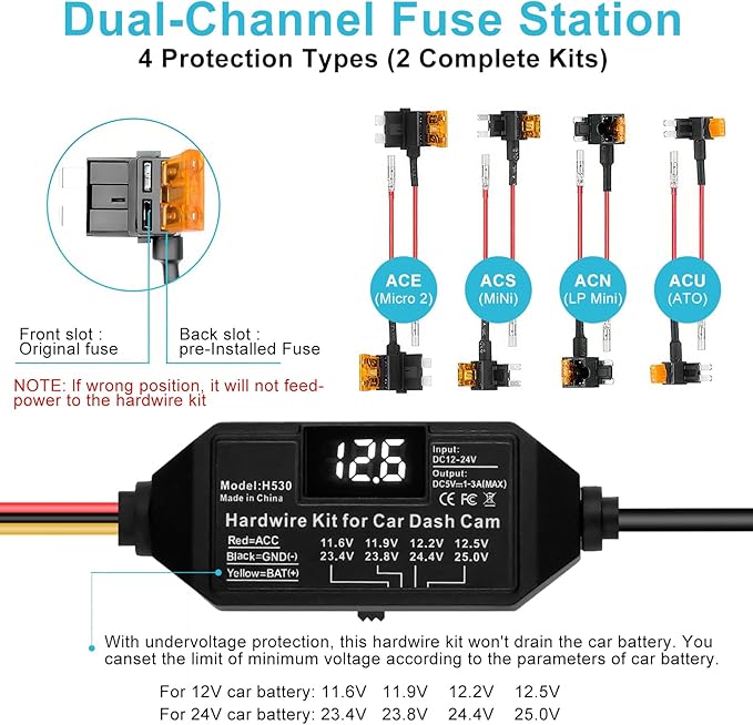 Dash Cam Hardwire Kit USB C, 12V-24V to 5V/3A Adapter Power Cable with Voltage Display, 24/7 Parking Mode, Acc Detection, 4-Level Low Voltage Protection (11.6V/11.9V/12.2V/12.5V)