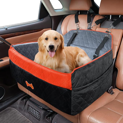 Dog Car Seat for Medium Large Dogs, Detachable Washable Pet Booster Seat with Memory Foam Cushion, Side Pockets, 2 Clip-On Safety Leashes Pet Car Seat for Dog Up to 60 lbs/2 Small Dogs-Black