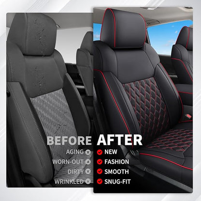 Huidasource Tacoma Seat Covers Front&Rear, Full Coverage Waterproof Car Seat Cover Fit for 2005-2015 Double & Crew Cab 2nd Gen Toyota Tacoma Base Prerunner SR5 Limited TRD Sport(Full Set/Black&Red)