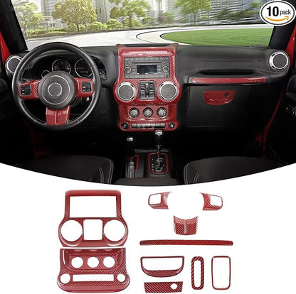RT-TCZ for Jeep JK Interior Trim Kit Red, JKU Center Console Dashboard Panel Trim Cover for Jeep Wrangler JK JKU 2011-2017 Red ABS Carbon Fiber Interior Accessories 10pcs