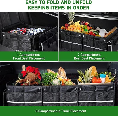 Snuopfy Car Trunk Organizer,115L Heavy Duty Collapsible Trunk Storage, with Insulated Leakproof Cooler Bag Vehicle Cargo Organizer with Lid, 3 Compartments, Straps For Car,Suv,Jeep,Sedan-Black