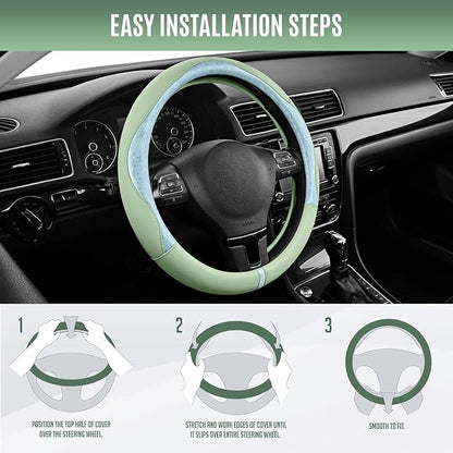 PIC AUTO Steering Wheel Cover, Light Blue Patterned & Green Leather Patchwork Design, Universal Fit 14.5"–15.5", Anti-Slip, Odor-Free, Soft Grain Leather, Durable Grip Car Accessory for Girls & Women