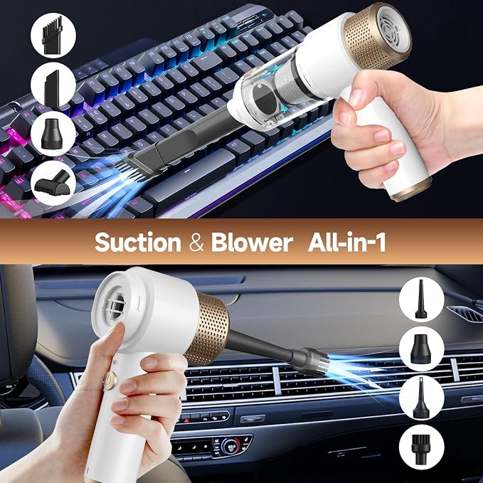 Vizeusvac Car Vacuum Cleaner, 16000PA Mini Car Vacuum Cordless Powerful, 7 in 1 Portable Handheld Vacuum Cordless with LED Light, Dual Filters, One-Touch Empty for Pet Hair, Home, Office