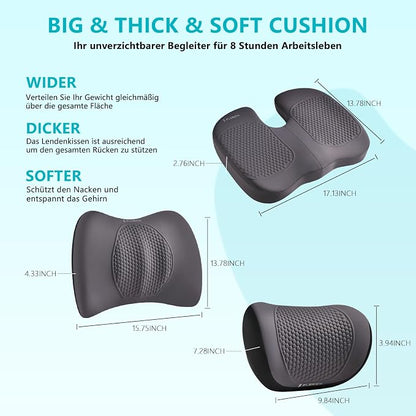 FLORICH 3 PCS Seat Cushion for Carseat Lumbar Support Pillow Car Neck Headrest Pillows Memory Foam Gel Memory Foam Massage Point Seat Pads Pressure Relief Back Cushion for Office Chair(Light Grey)