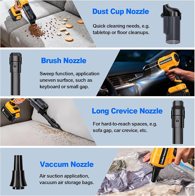Cordless Handheld Vacuum Cleaner for Dewalt 20V Battery: 3-Speed Modes Portable Vacuum with 20kPa 105AW Powerful Suction for Car, Pet Hair, Home Cleaning (Tool Only)