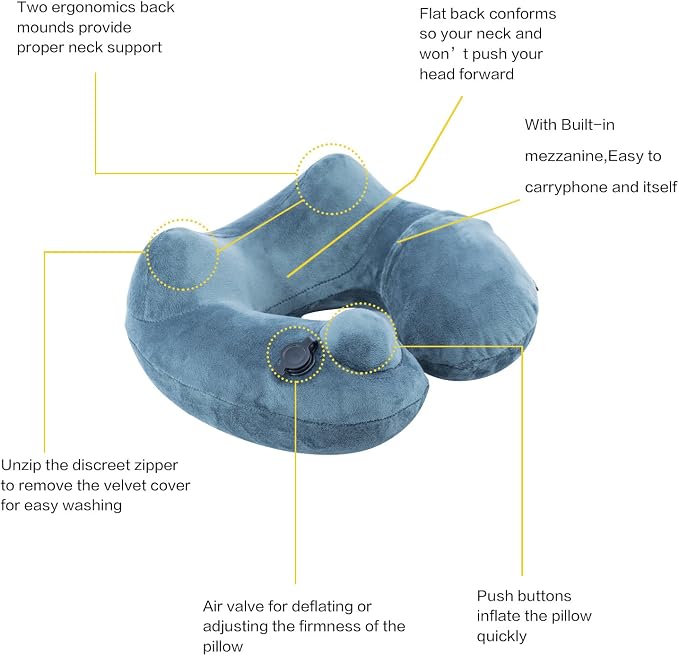 Keemall Inflatable Travel Pillow - Luxury Soft Fabric for Ultimate Comfort, 360 Degree Ergonomic Neck Pillow for Airplanes, Cars & Long Road Trips, Portable with Carry Bag