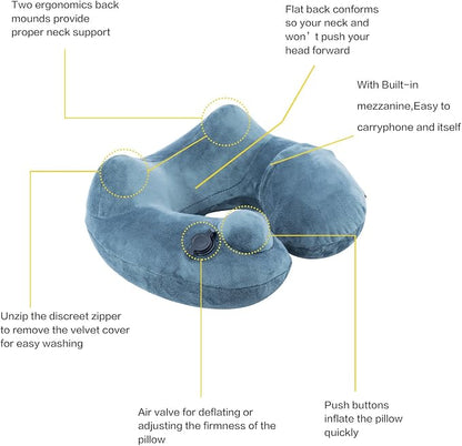 Keemall Inflatable Travel Pillow - Luxury Soft Fabric for Ultimate Comfort, 360 Degree Ergonomic Neck Pillow for Airplanes, Cars & Long Road Trips, Portable with Carry Bag