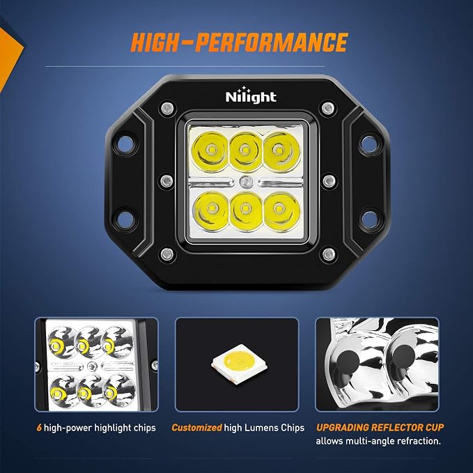 Nilight - NI23C-18W 2PCS 18W Spot LED Work Light Driving Lights Led Light Bar Off Road Led Lights Flush Mount for Truck Tacoma Bumper ATV UTV