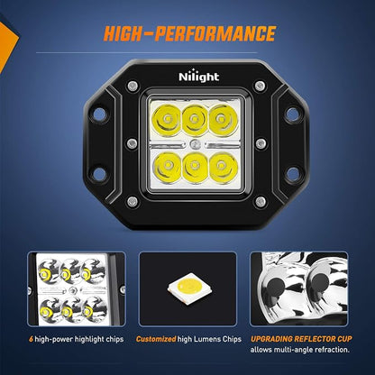 Nilight - NI23C-18W 2PCS 18W Spot LED Work Light Driving Lights Led Light Bar Off Road Led Lights Flush Mount for Truck Tacoma Bumper ATV UTV