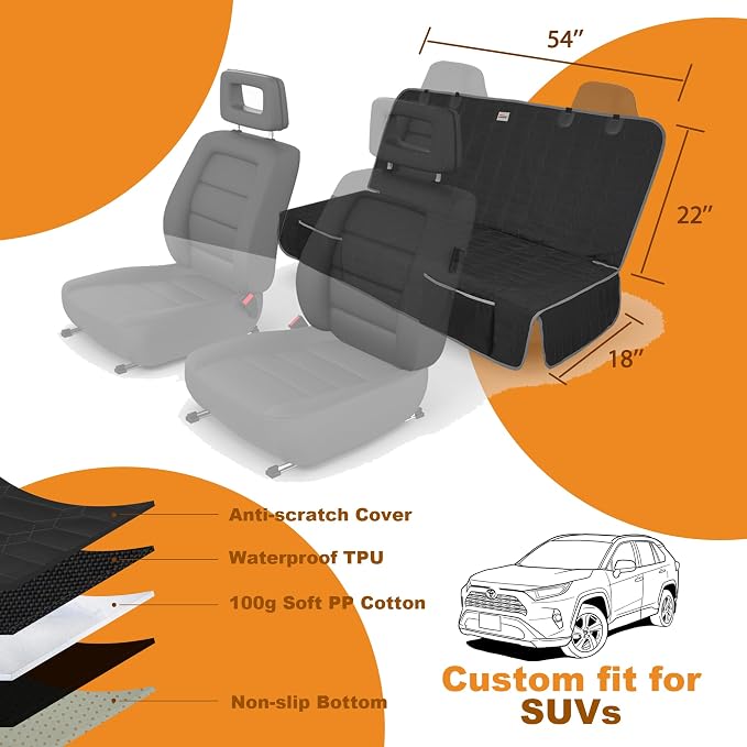 Relidura Dog Car Seat Cover for Back Seat, Waterproof Non-Slip Bench Seat Cover for SUVs, Heavy Duty Rear Seat Protector with Side Flaps for Pets, Kids, Dirt and Spills