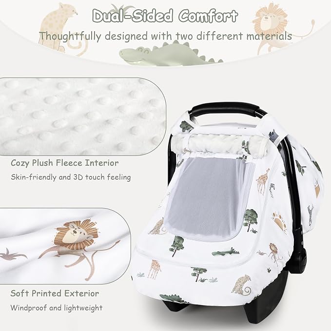 Winter Car Seat Cover Baby with Sunshade & Dual Zipper Windows - Minky Bubble Lined Windproof Soft Shell, Warm Newborn Car Seat Canopy Covers, Elastic Bottom for Stroller & Infant Car Seat, Animal