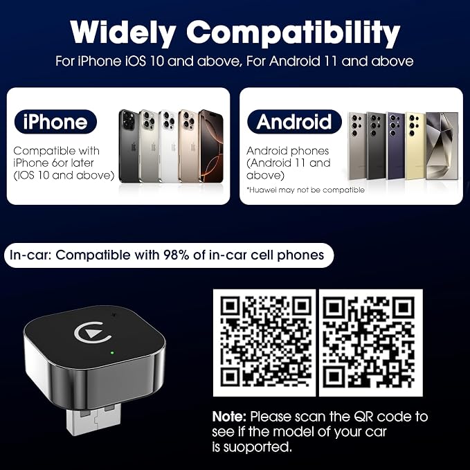 Wireless Carplay Adapter & Android Auto 2026 Upgrade Wired CarPlay to Wireless,2-in-1 Mini USB Design with Fast Stable Connection Car Play for Apple iOS 10+, Android 11+ Version