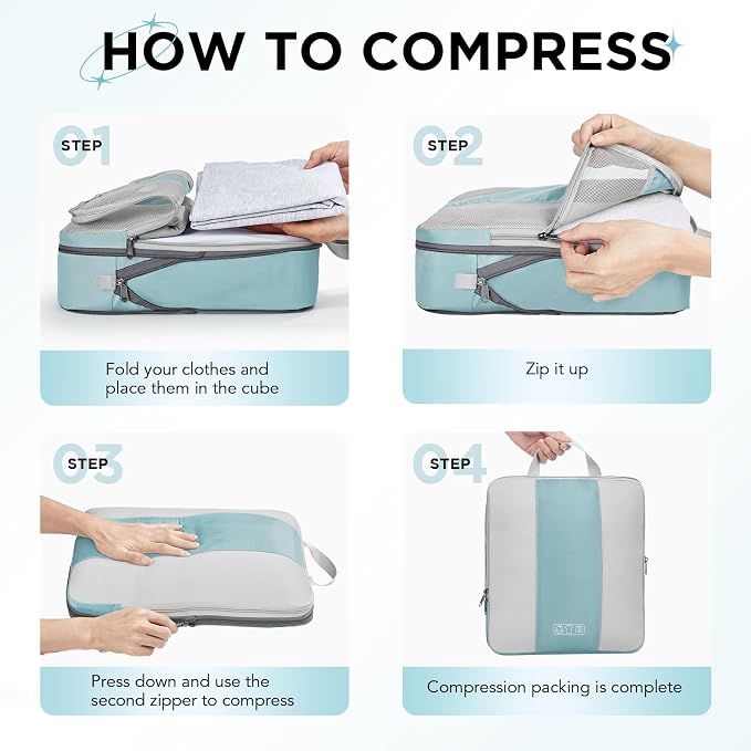 OlarHike 8 Set Compression Packing Cubes for Travel Essentials,Compressible Expandable Space Saver Bags for Organizing Clothes,Luggage Suitcase Garment Bags with Over 1000 pcs Mesh Holes(Blue Gray)
