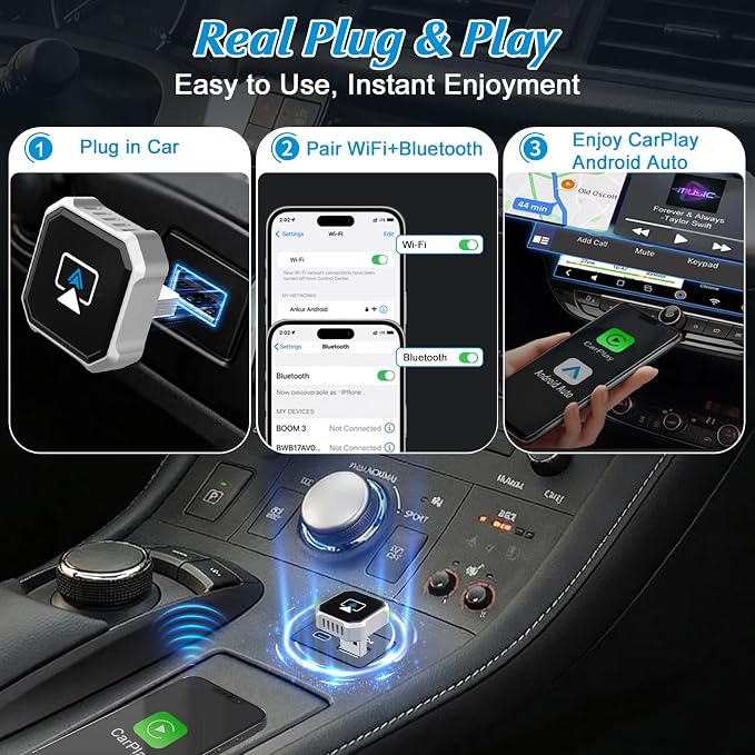 4 in 1 Wireless CarPlay Adapter - 2026 Upgraded Screen Mirroring Adapter for Apple CarPlay & Android Auto & AirPlay & MirrorLink, Screen Mirror Dongle for Car, Plug & Play, Come with Type-C Extension