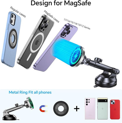 Coolpow for MagSafe Car Mount Charger【Ultra Magnet】 Magnetic Phone Holders for Your Car Charger【Windshield+Vent+Dash】 Magnetic Wireless Car Phone Holder Charger Car Mount for iPhone 17 (Gray)