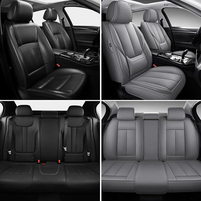 MINGBRON Leather Car Seat Covers,Car Seat Covers Full Set,Automotive Seat Covers 5 Seats,Fit for Most Cars SUV and Most Sedans Grey