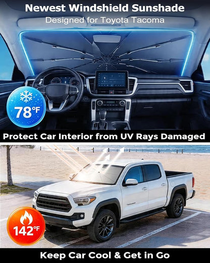 DMJN Umbrella Windshield Sun Shade for Toyota Tacoma (2008-2026), Car Sunshade for Front Windshield [Nano Ice-Crystal Coatings] UPF50+ Heat & UV Block, Protect Interior & Keep Cooler