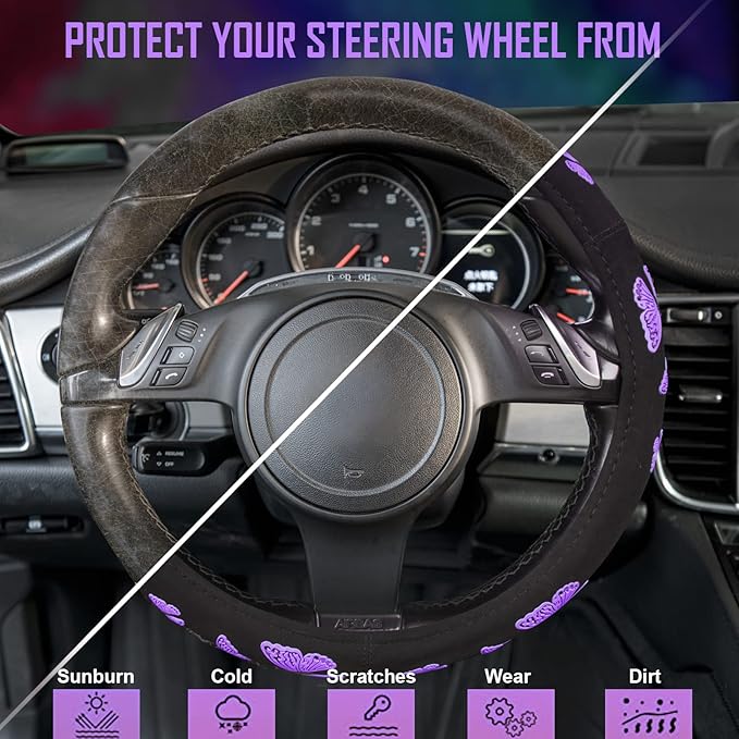 Car Pass Purple Butterfly Steering Wheel Covers, 14.5" to 15.5" Car Wheel Cover Universal Fit for Suvs, Small Trucks, Sedans, Cars for Cute Women Girly (Black and Purple)