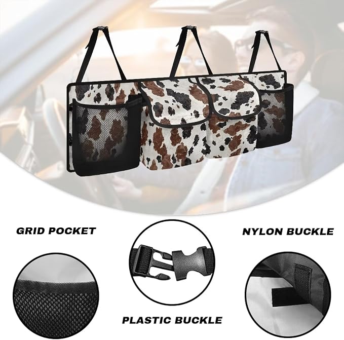 Large Capacity Car Backseat Trunk Organizer with Adjustable Straps Black Hanging Brown Cow Spots Trunk Storage Bag