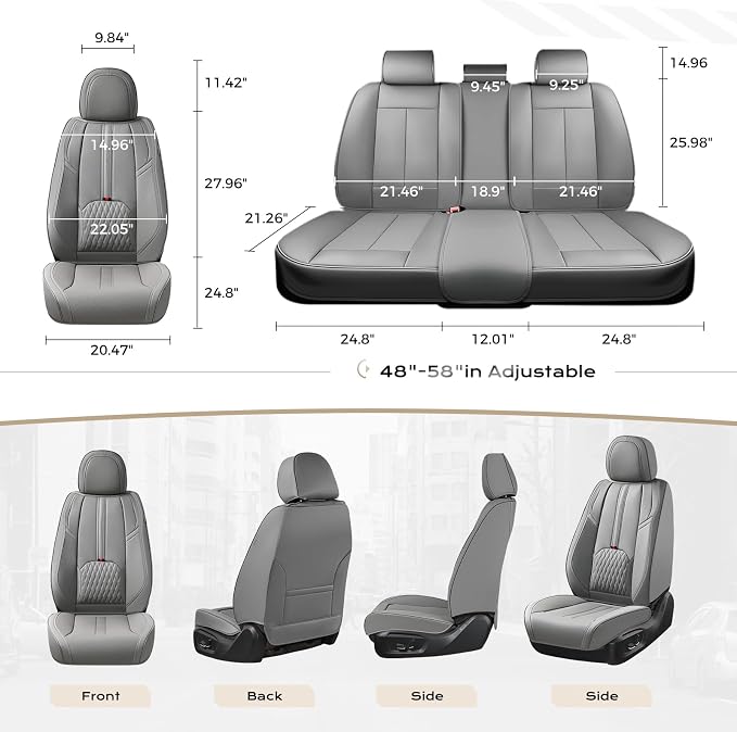 Coverado Car Seat Covers Full Set, Automotive Seat Cover with Lumbar Support, Nappa Leather Seat Cover for Cars, Waterproof Car Seat Protector, Car Seat Cushion Universal Fit for Most Vehicles (Gray)