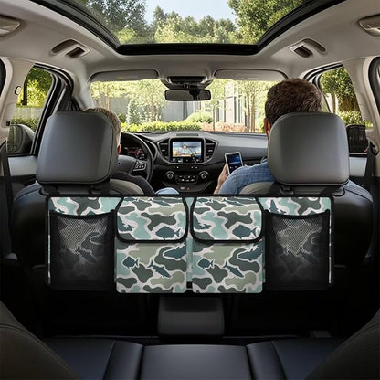Fish Camo Car Backseat Organizer Waterproof Foldable Cars Interior Organizing Accessories Backseat Hanging Organizer with 4 Storage Bag for Cars Sedans and SUVs