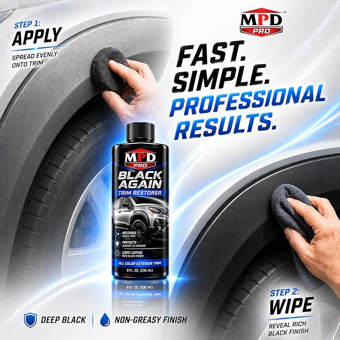 MPD Pro Black Again Trim Restorer for Cars – Restores Faded Plastic, Vinyl & Rubber Exterior Trim, Deep Black Finish for Bumpers, Mirrors & Moldings, UV Protection, Non-Greasy Formula, 8oz (Pack of 1)