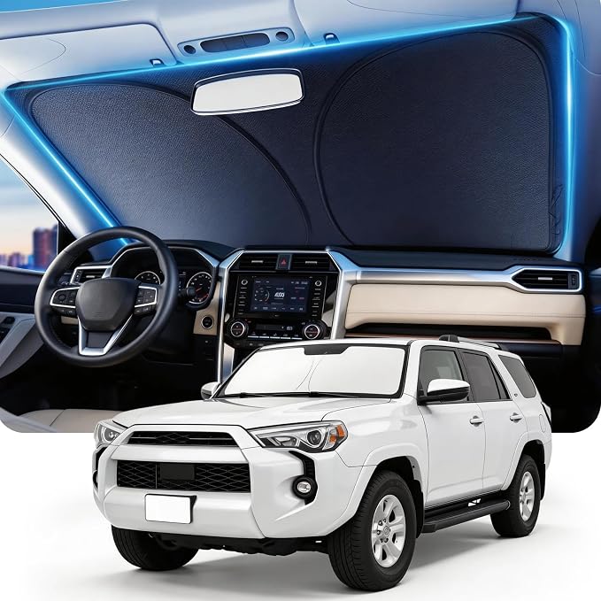 DMJN Front Windshield Sun Shade for Toyota 4Runner (2017-2027), [Nano Ice-Crystal Coatings] UPF50+ Heat & UV Block, Protect Car Interior & Keep Cool, Flodable Steel-Ring Car Cover for Summer