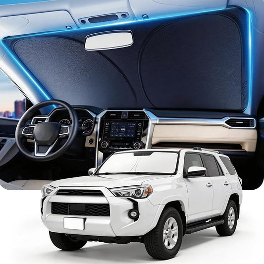 DMJN Front Windshield Sun Shade for Toyota 4Runner (2017-2027), [Nano Ice-Crystal Coatings] UPF50+ Heat & UV Block, Protect Car Interior & Keep Cool, Flodable Steel-Ring Car Cover for Summer