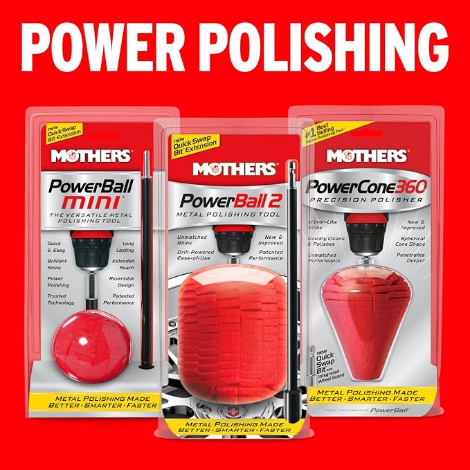 Mothers PowerBall 2, Polishing Tool with 10” Quick Swap Bit – Drill-Powered, Polishes Deep-Dish Wheels & Tight Areas with Ease, Delivers Fast & Unmatched Shine (05143)
